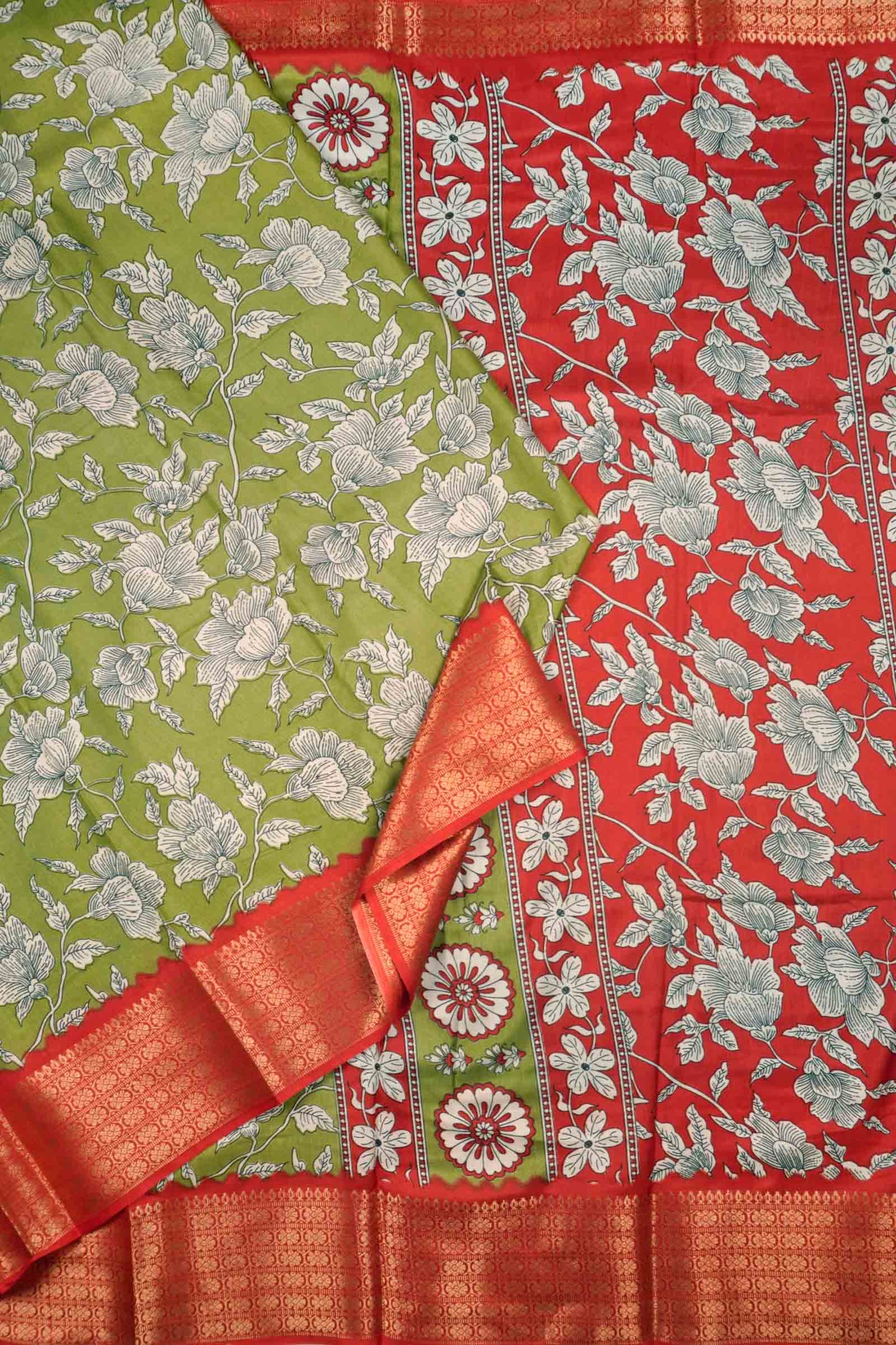 Olive Green Semi Dola Summer Florals Print Zari Border Saree
