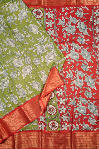Olive Green Semi Dola Summer Florals Print Zari Border Saree