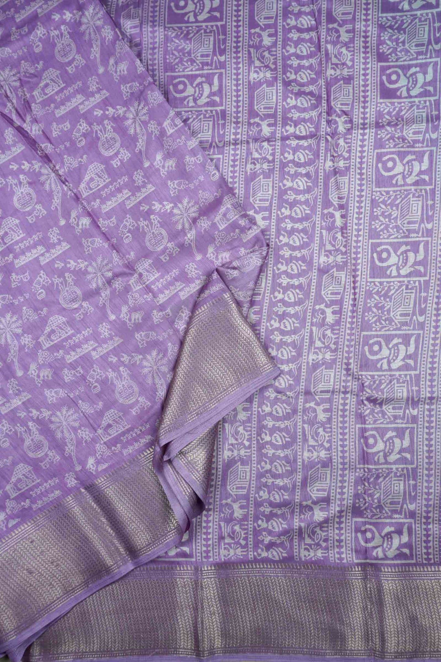 Light Voilet Semi Dola Warli Print Zari Border Saree
