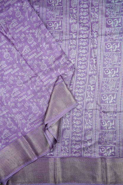 Light Voilet Semi Dola Warli Print Zari Border Saree