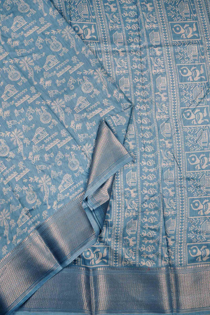 Grey Blue Semi Dola Warli Print Zari Border Saree