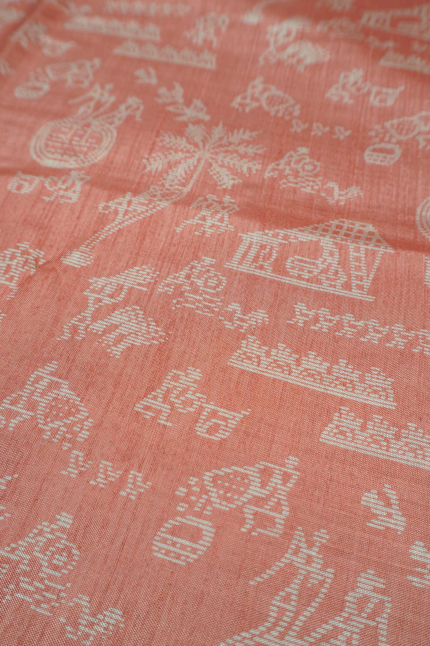 Peach Semi Dola Warli Print Zari Border Saree