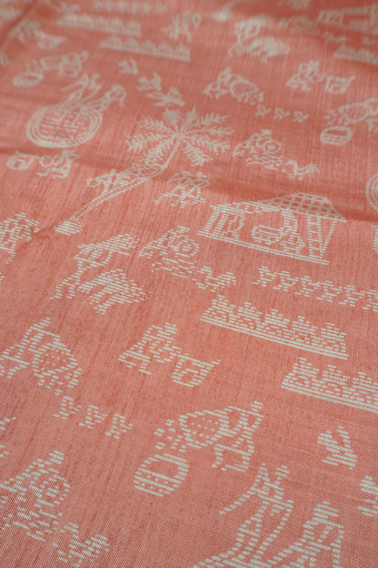 Peach Semi Dola Warli Print Zari Border Saree