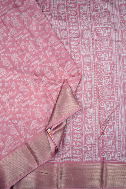 Pink Semi Dola Warli Print Zari Border Saree