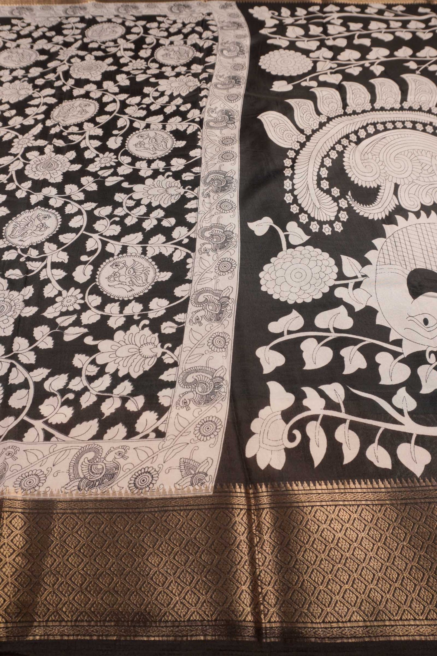 Black and white Semi Dola Peacock Florals Print Zari Border Saree