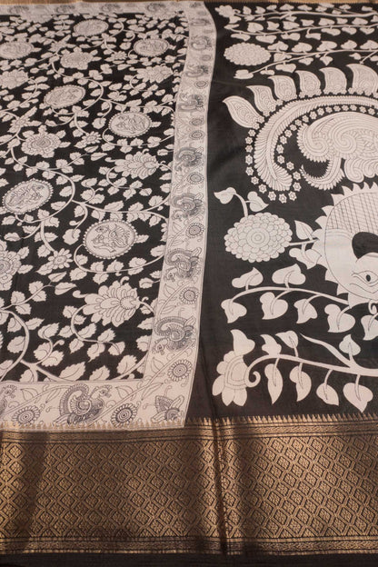 Black and white Semi Dola Peacock Florals Print Zari Border Saree