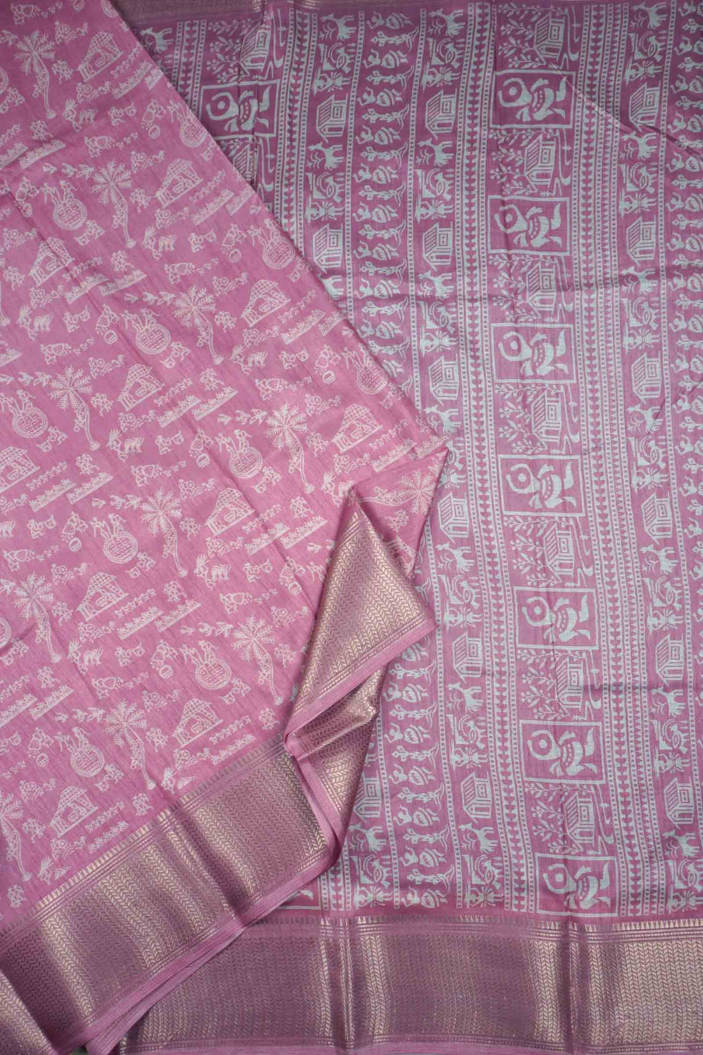 Light Violet Semi Dola Warli Print Zari Border Saree