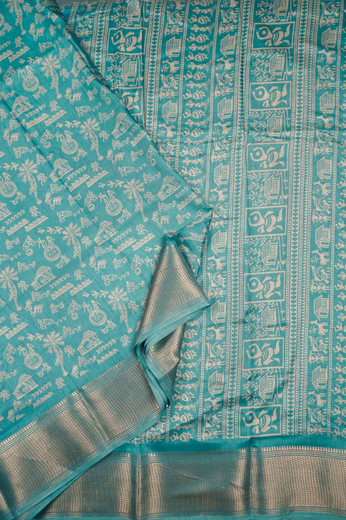 Blue Semi Dola Warli Print Zari Border Saree