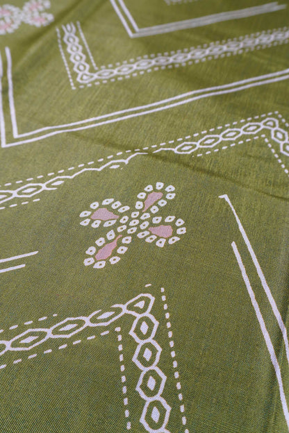 Olive Green Semi Dola Fancy Stripes Print Zari Border Saree