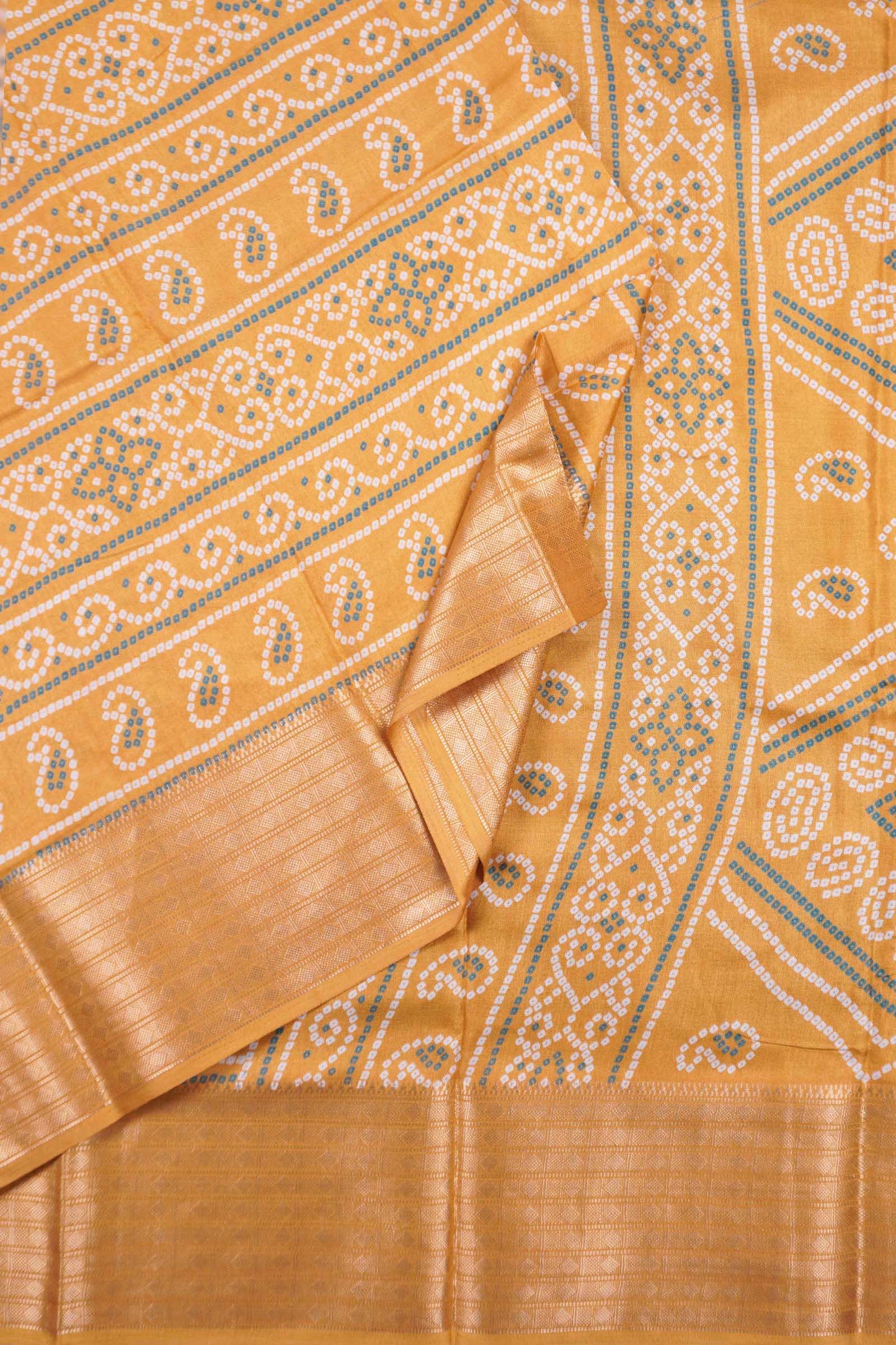 Golden Yellow Semi Dola Rangoli Print Zari Border Saree