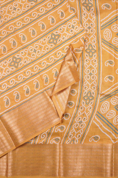 Golden Yellow Semi Dola Rangoli Print Zari Border Saree