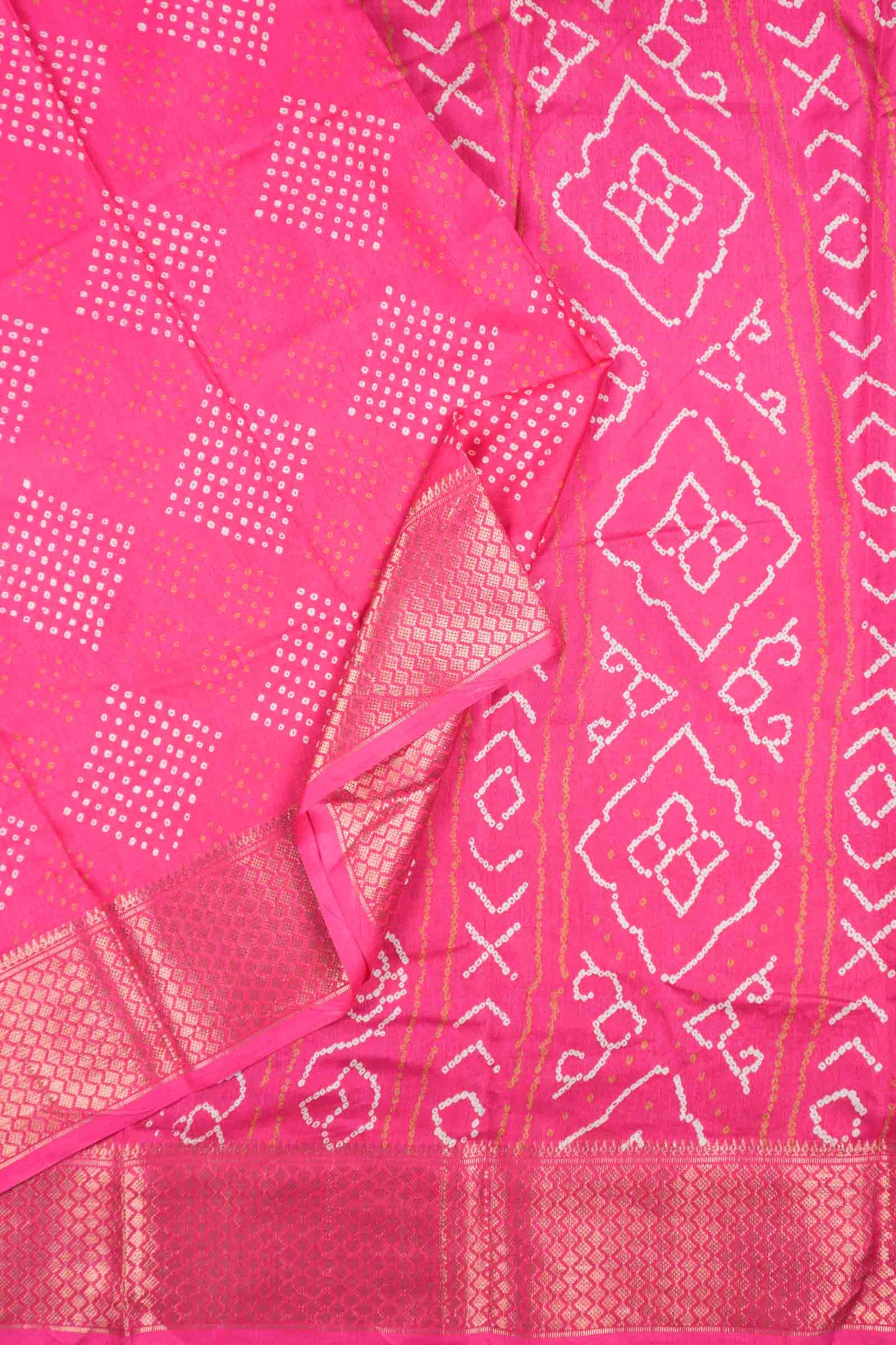 Hot Pink Semi Dola Mirror Dots Print Zari Border Saree