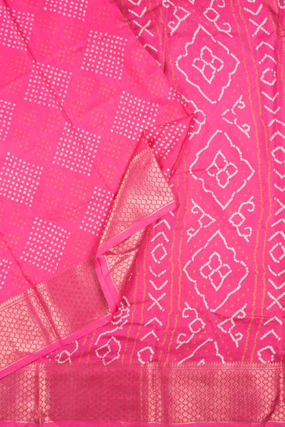 Hot Pink Semi Dola Mirror Dots Print Zari Border Saree