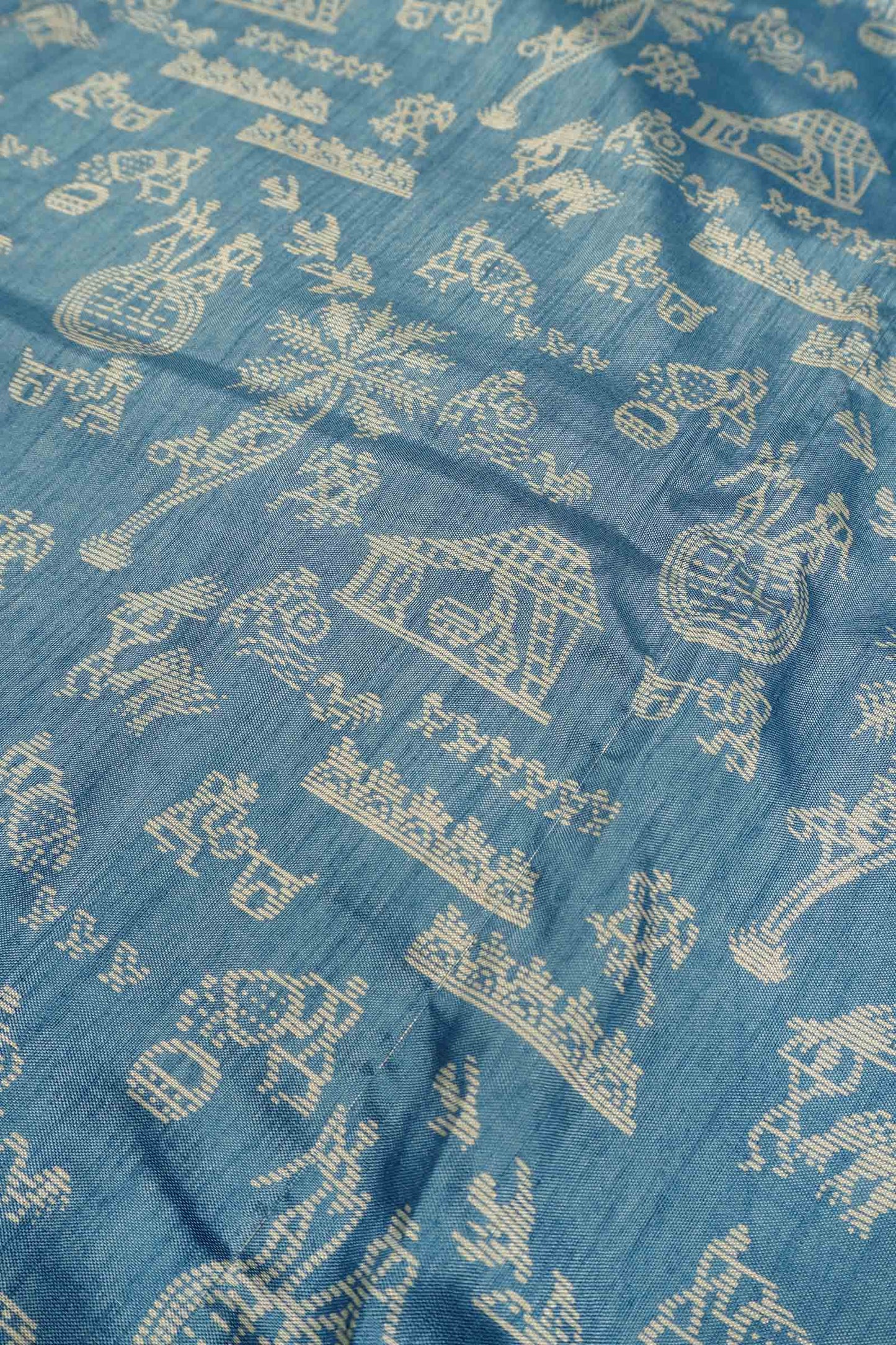 Grey Blue Semi Dola Warli Print Zari Border Saree