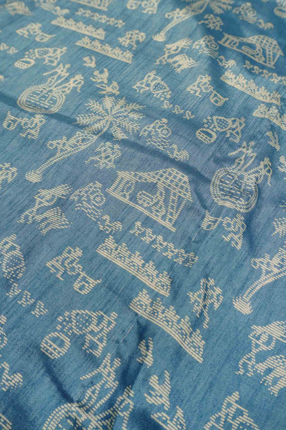 Grey Blue Semi Dola Warli Print Zari Border Saree