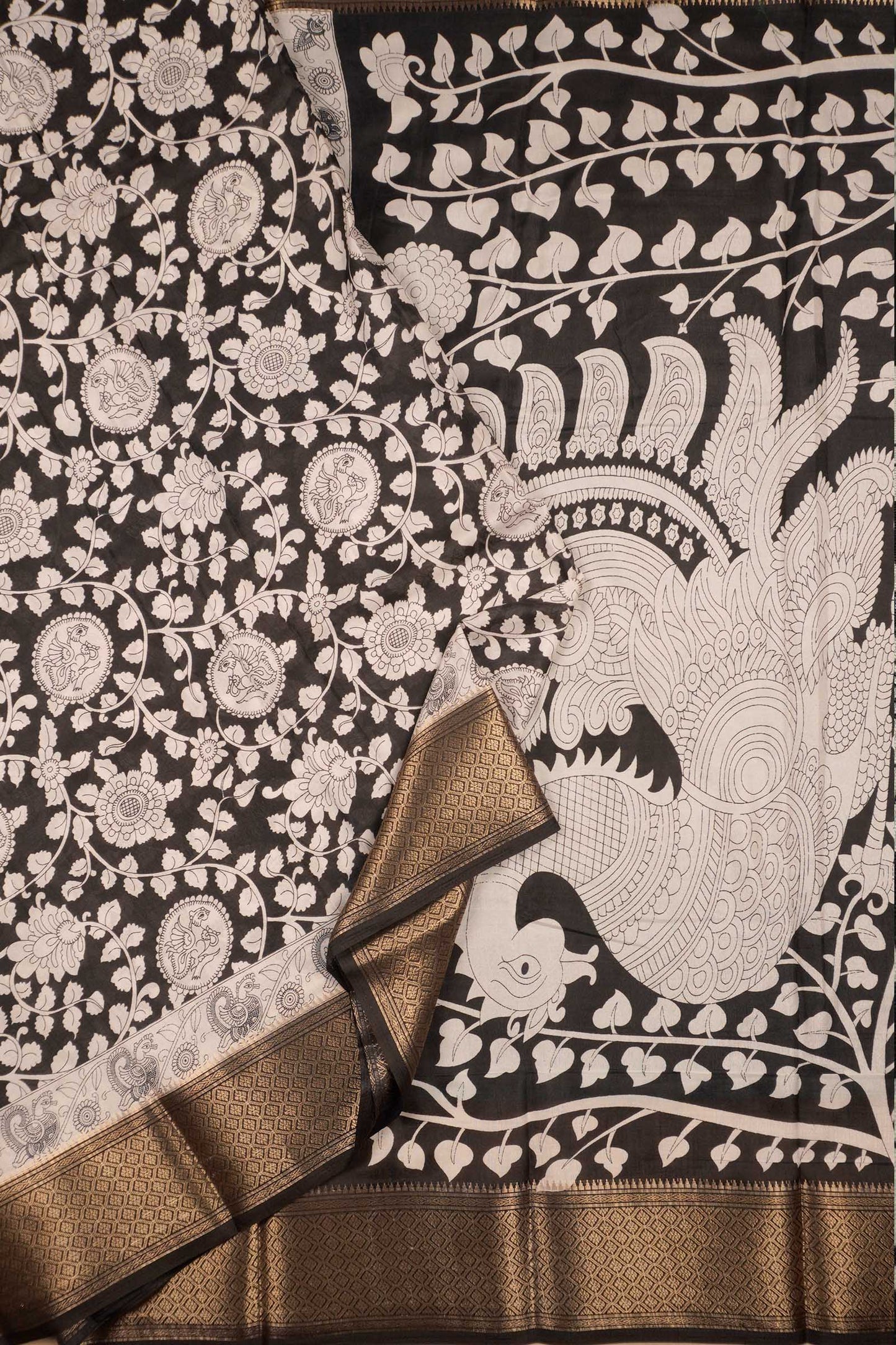 Black and white Semi Dola Peacock Florals Print Zari Border Saree