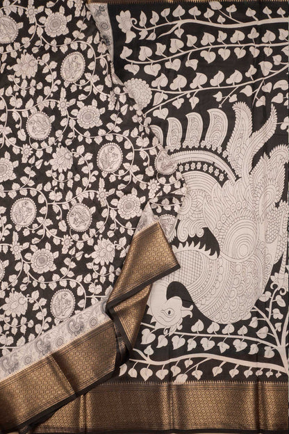 Black and white Semi Dola Peacock Florals Print Zari Border Saree