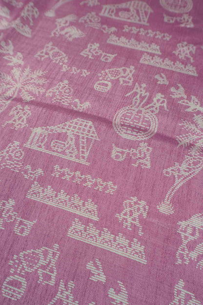 Light Violet Semi Dola Warli Print Zari Border Saree