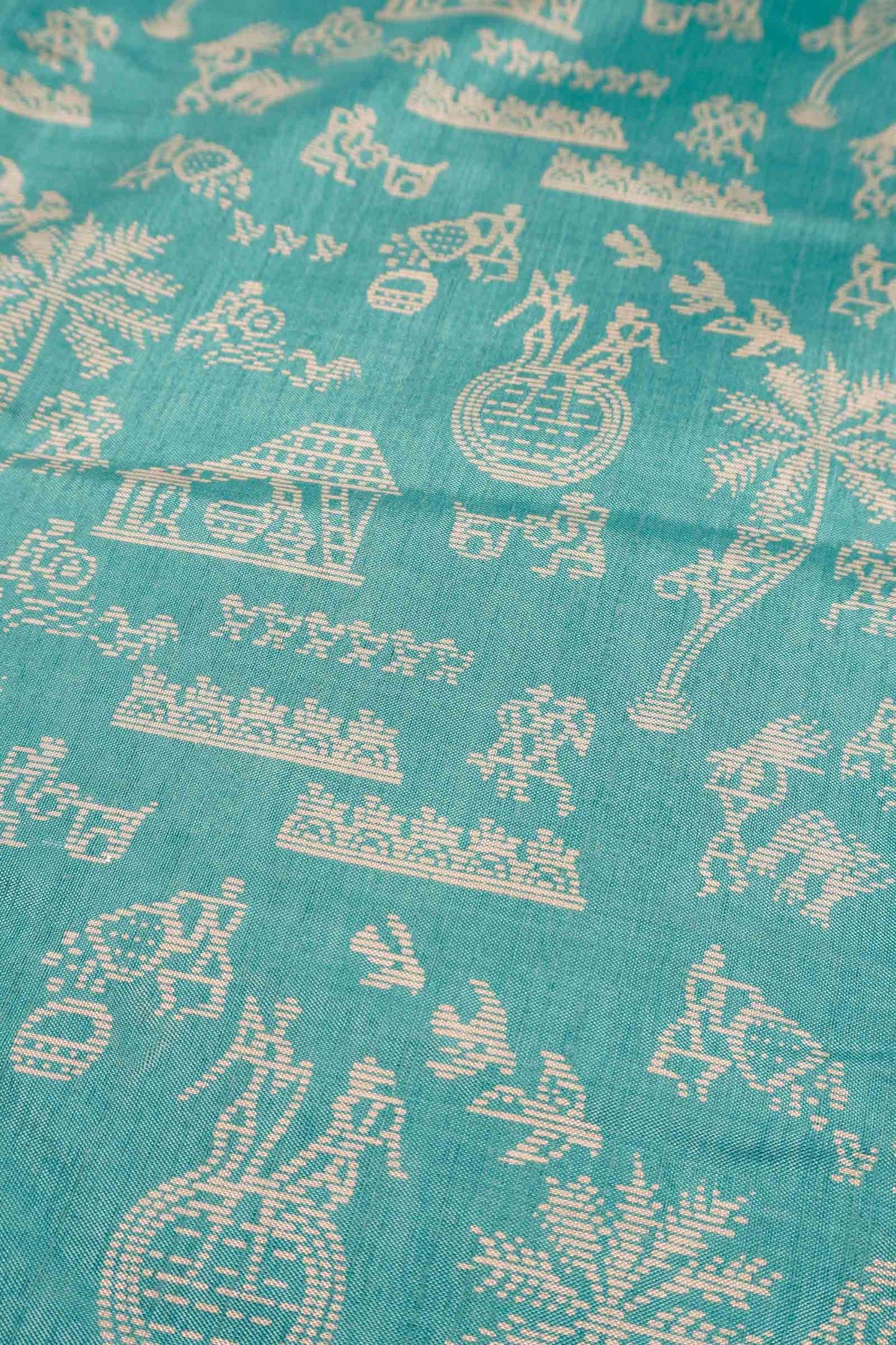 Blue Semi Dola Warli Print Zari Border Saree