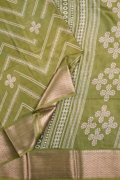 Olive Green Semi Dola Fancy Stripes Print Zari Border Saree