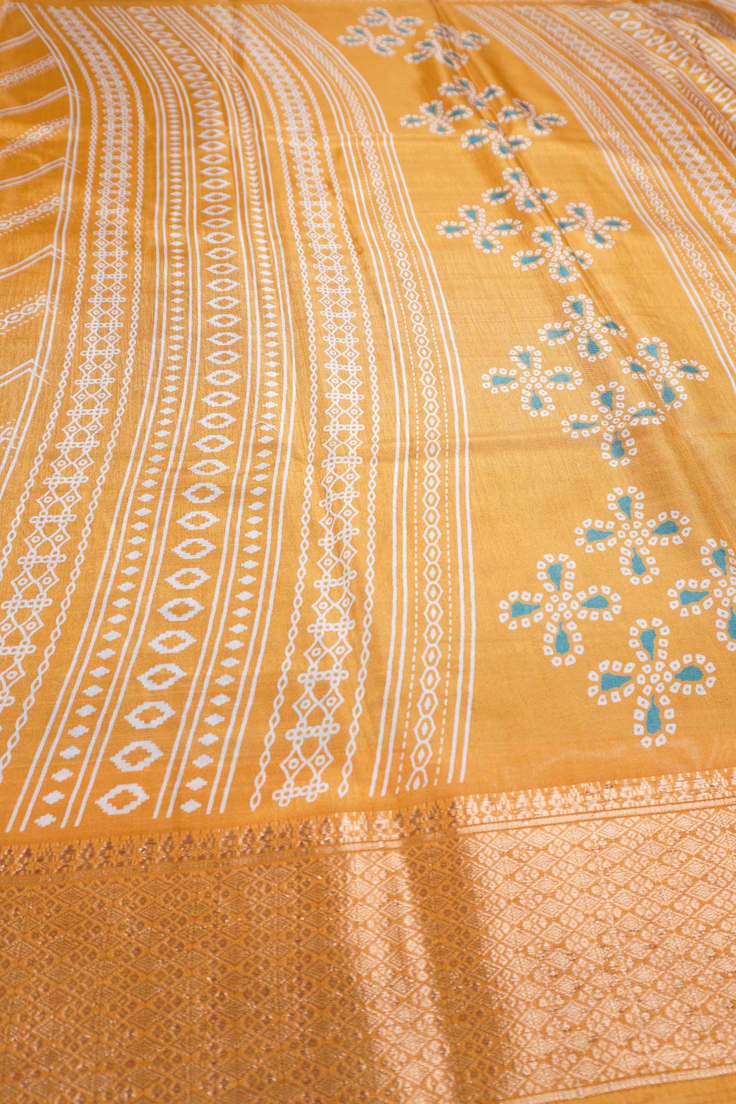 Golden Yellow Semi Dola Fancy Stripes Print Zari Border Saree