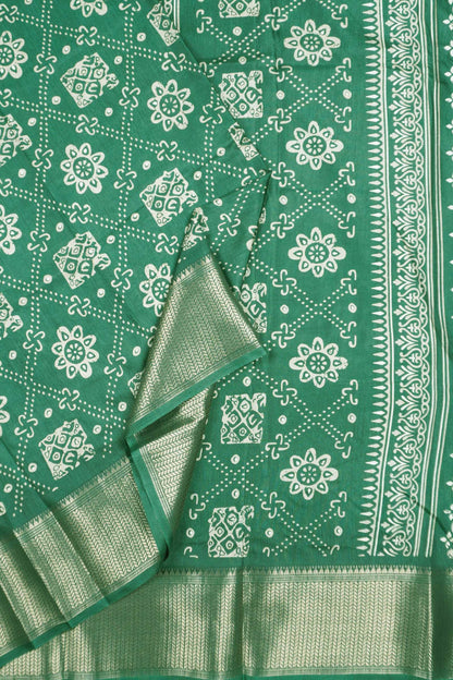 Green Semi Dola Floral Frames Print Zari Border Saree
