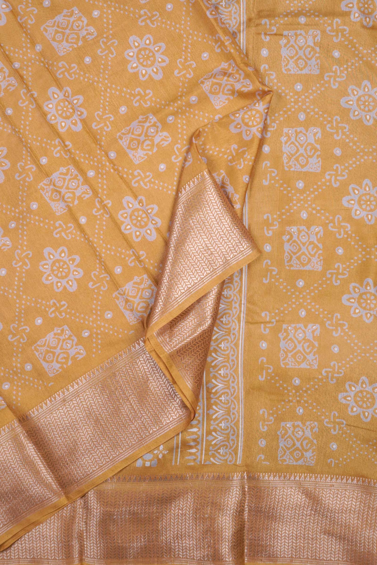Dark Golden Yellow Semi Dola Floral Frames Zari Border Saree