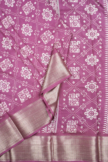 Dark Violet Semi Dola Floral Frames Print Zari Border Saree