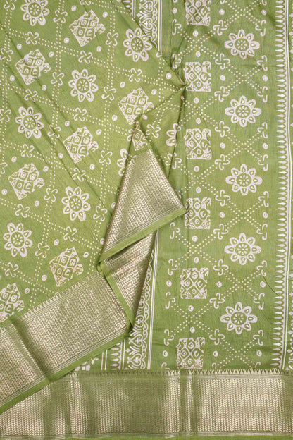 Olive Green Semi Dola Floral Frames Print Zari Border Saree