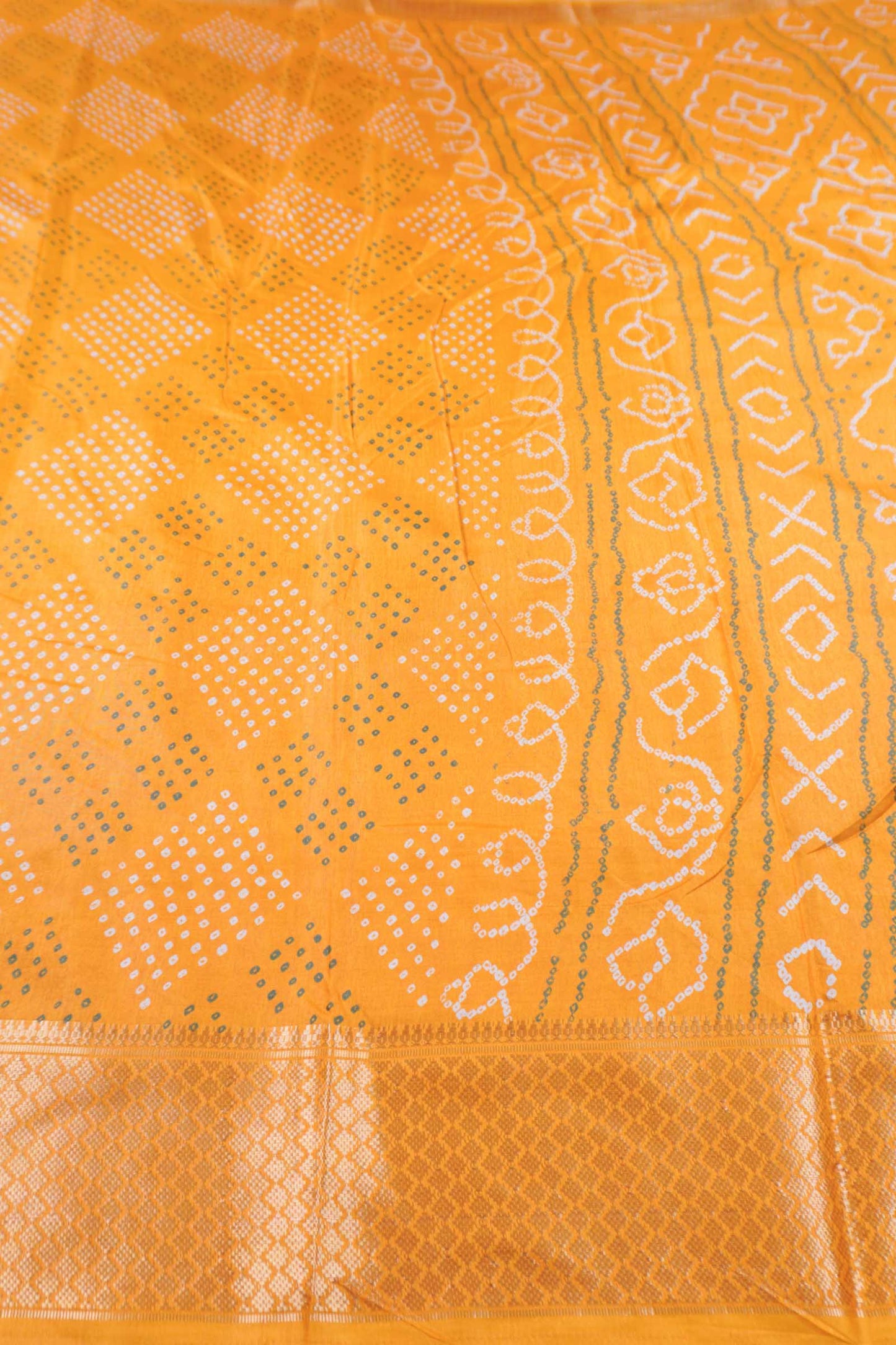 Dark Golden Yellow Semi Dola Dots Print Zari Border Saree