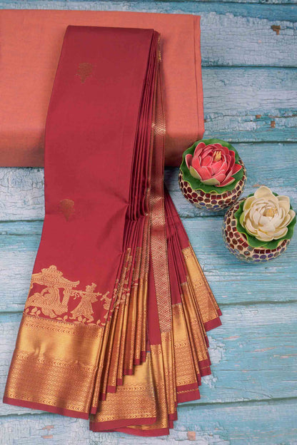 Deep Maroon Semi Soft Silk Small Butta Palanquin Zari  Border Saree