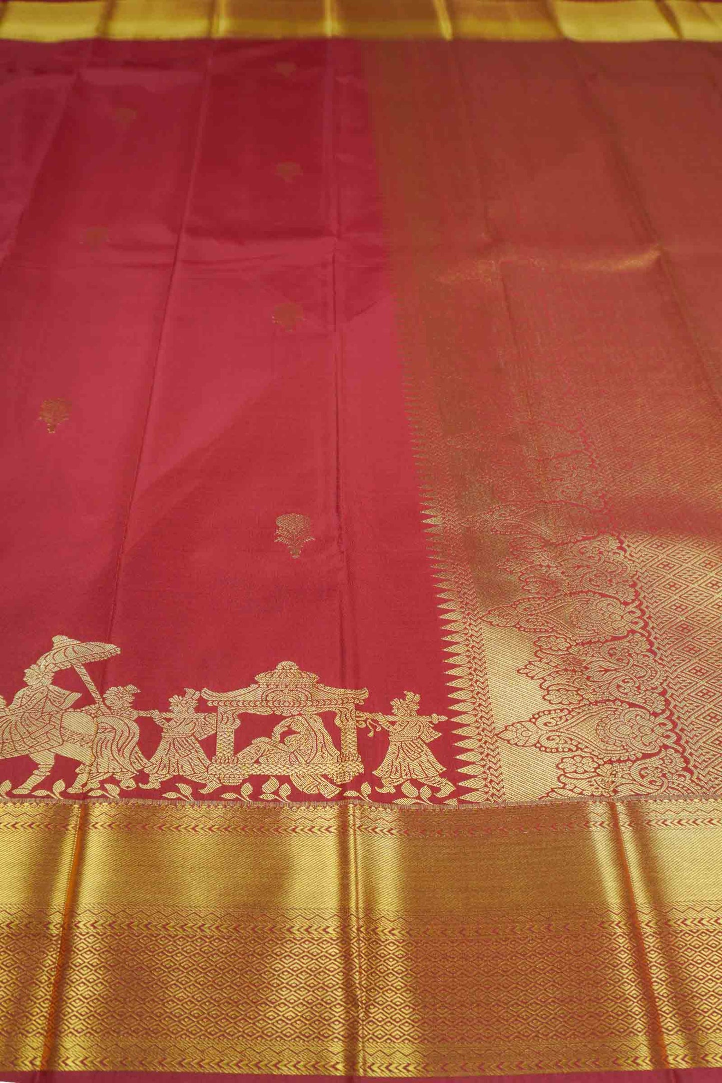 Deep Maroon Semi Soft Silk Small Butta Palanquin Zari  Border Saree
