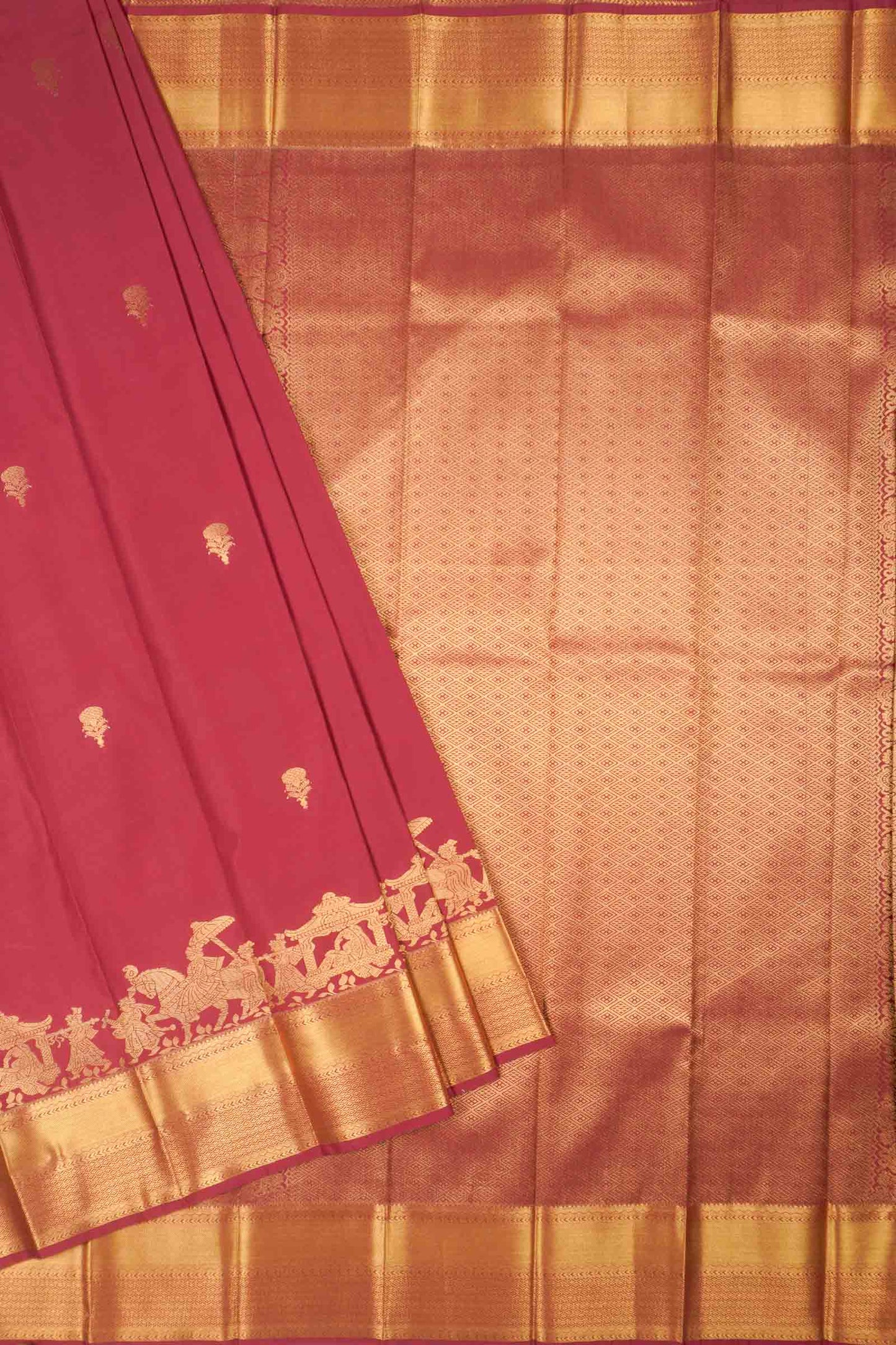 Deep Maroon Semi Soft Silk Small Butta Palanquin Zari  Border Saree