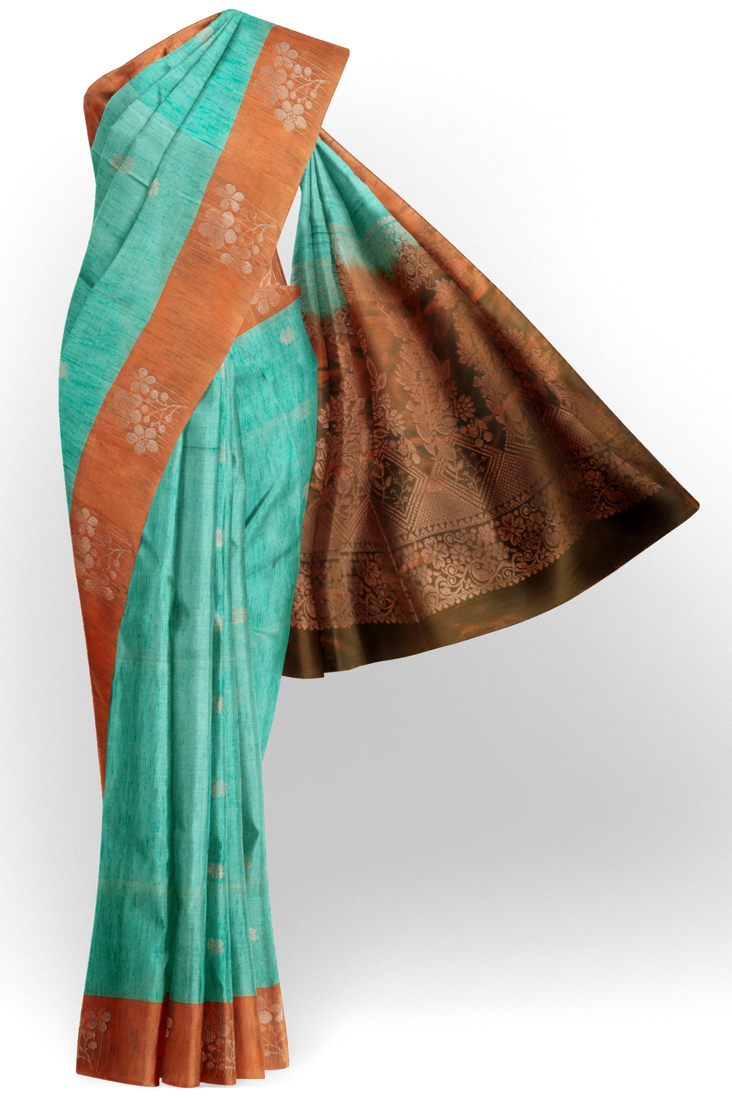 Peacock Green Mini Butta Zari Flowers Border Pallu Jute Semi Soft Silk Saree NAA247