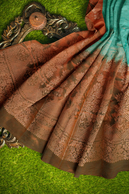 Peacock Green Mini Butta Zari Flowers Border Pallu Jute Semi Soft Silk Saree NAA247