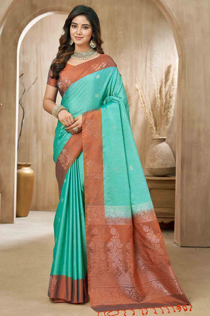 Peacock Green Mini Butta Zari Flowers Border Pallu Jute Semi Soft Silk Saree NAA247