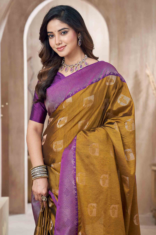 Mustard Yellow Peacock Butta Zari  Border Pallu Jute Semi Soft Silk Saree NAA246