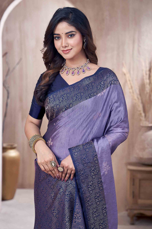 Violet Butta Zari Leaves Border Pallu Jute Semi Soft Silk Saree NAA249