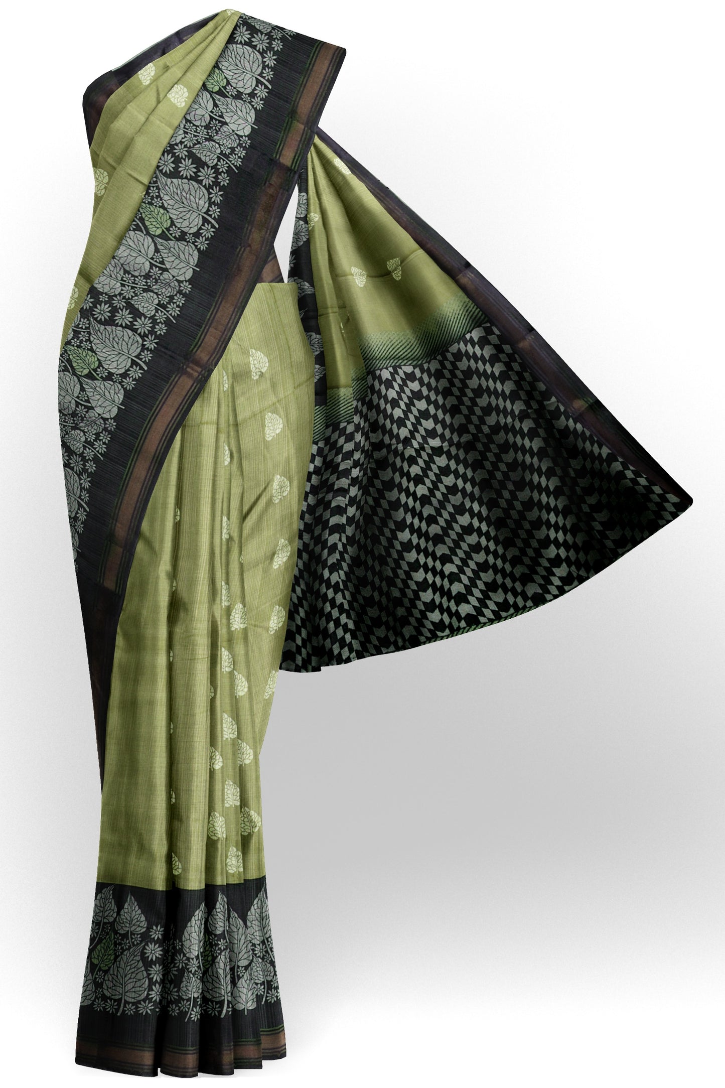 Green Printed Cotton Copper Leaves Saree