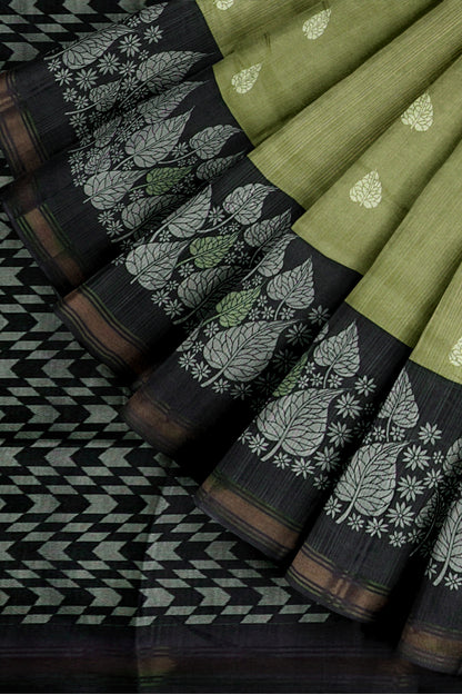 Green Printed Cotton Copper Leaves Saree