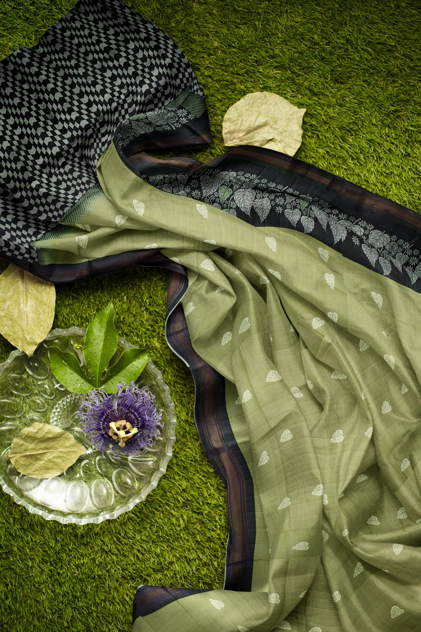 Green Printed Cotton Copper Leaves Saree