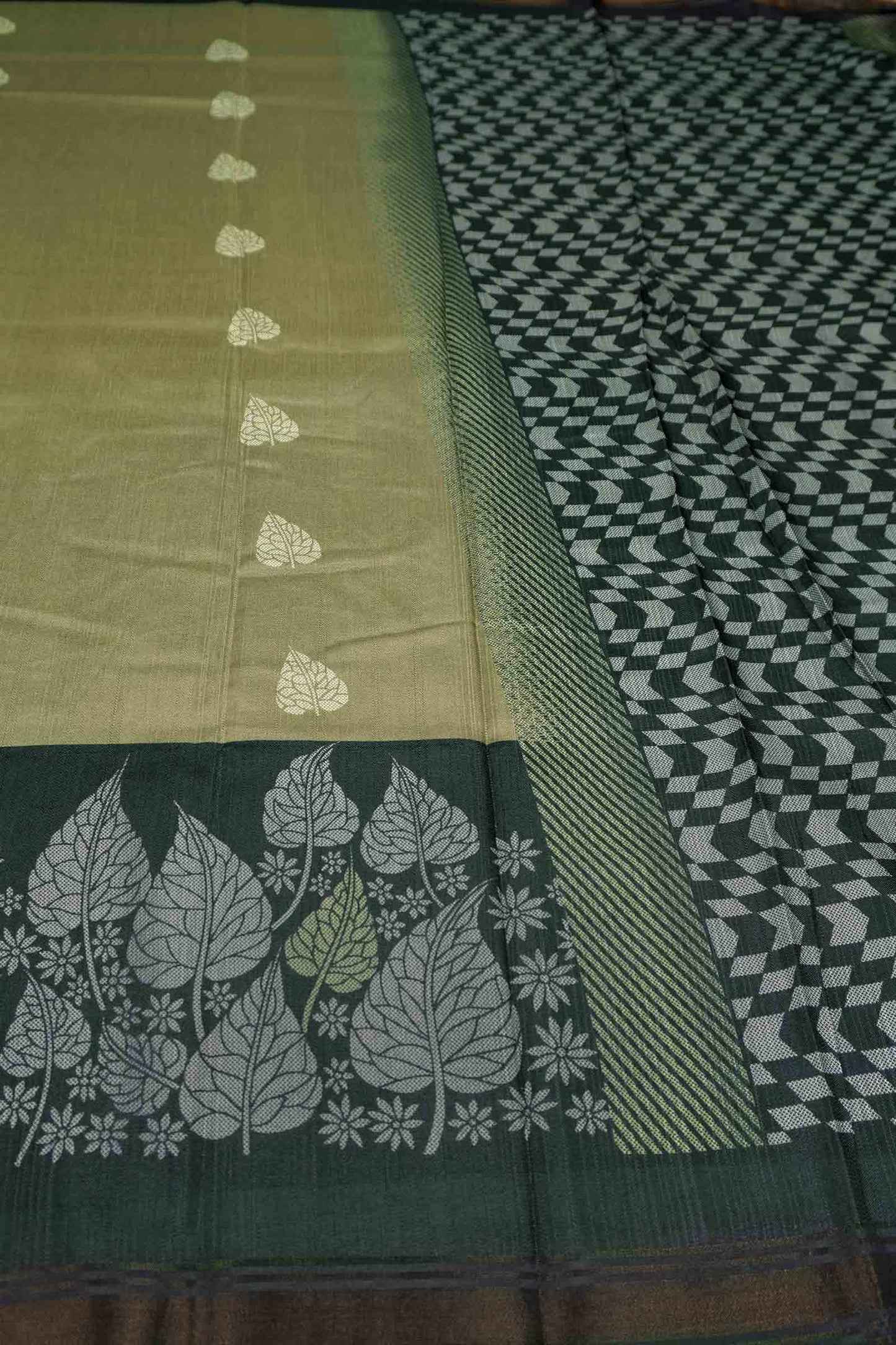 Green Printed Cotton Copper Leaves Saree
