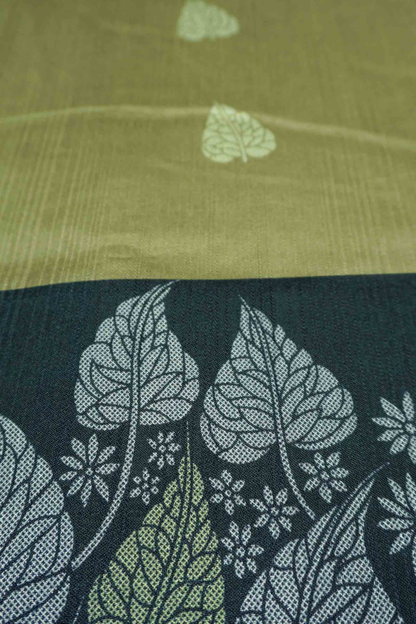 Green Printed Cotton Copper Leaves Saree