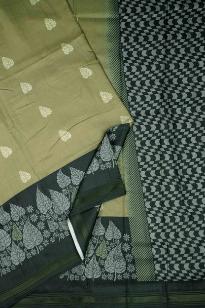 Green Printed Cotton Copper Leaves Saree