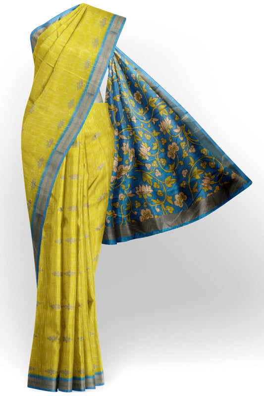 Golden Yellow Printed Cotton Contrast Floral Pallu Saree