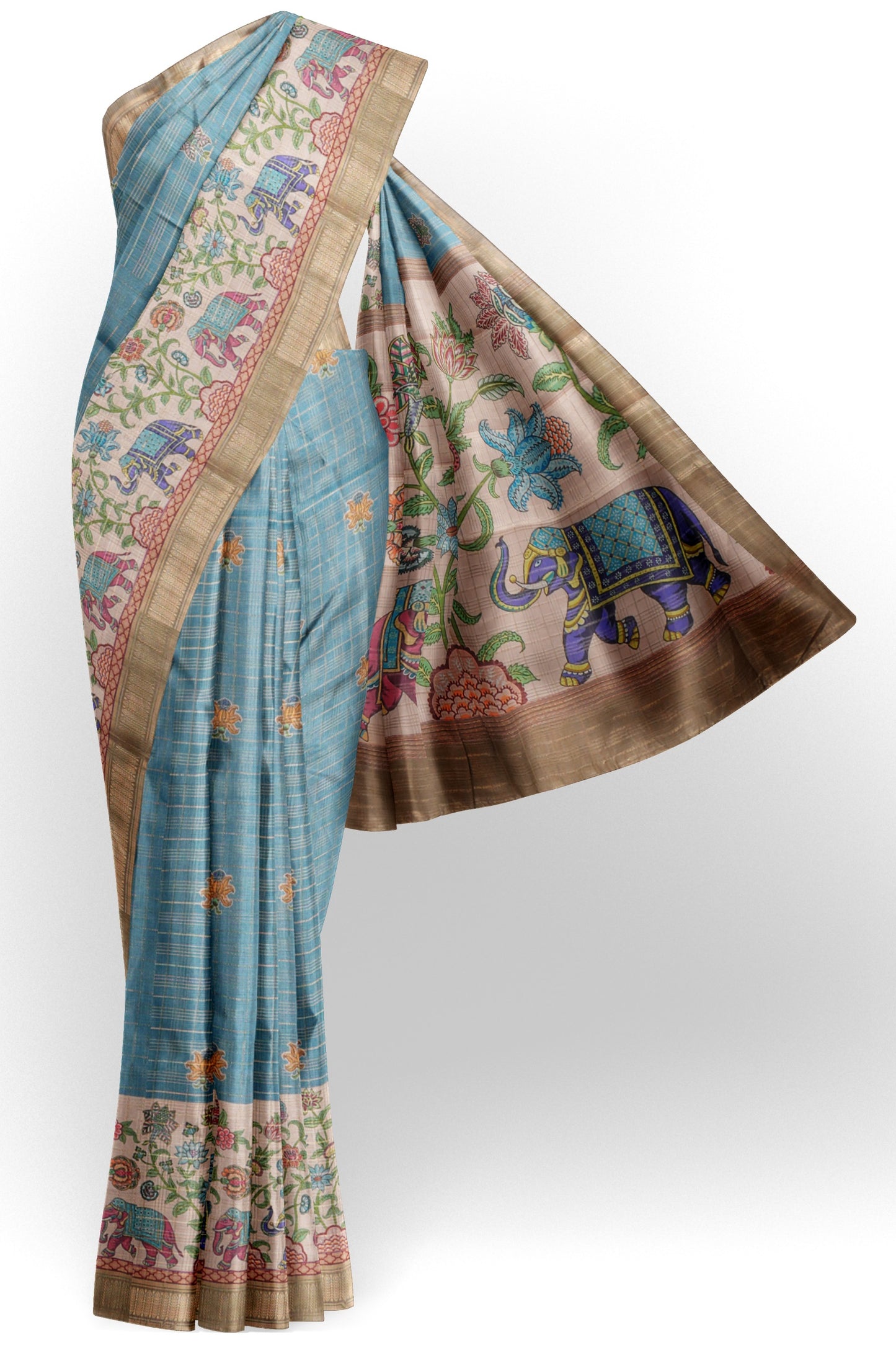 Blue Printed Cotton Butta  Zari Checks Border Saree