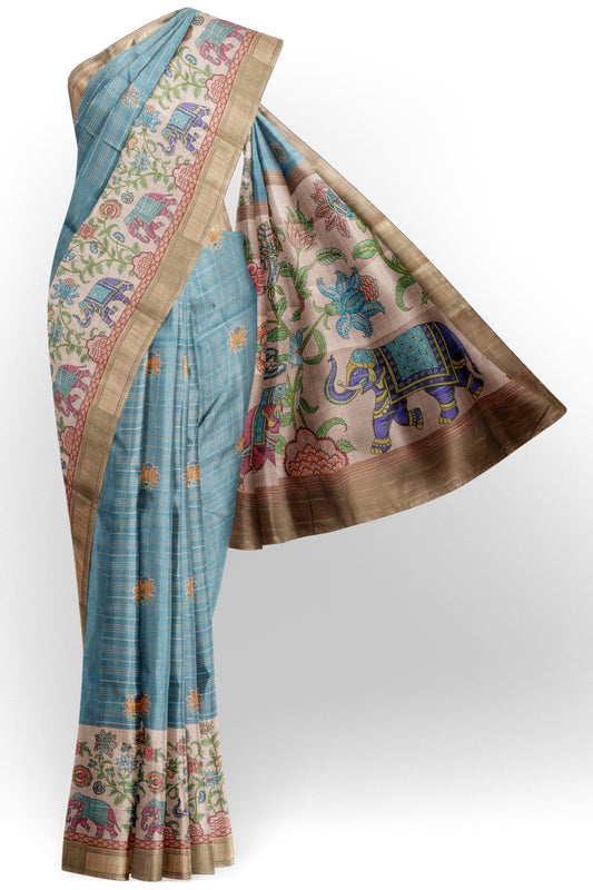 Blue Printed Cotton Butta  Zari Checks Border Saree