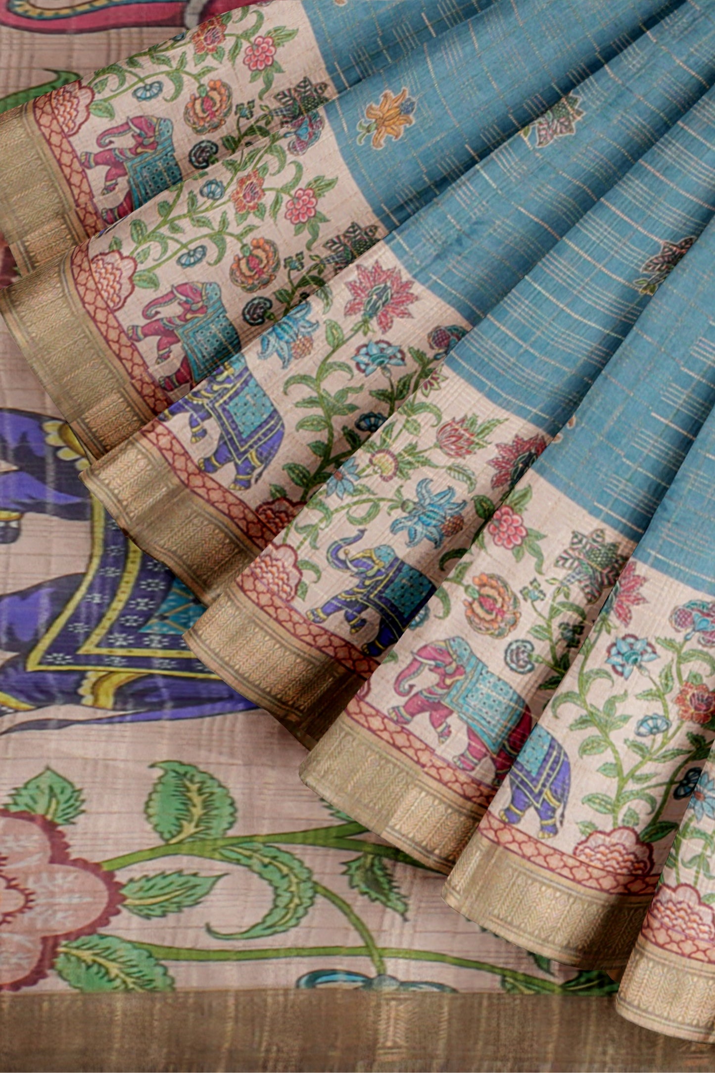 Blue Printed Cotton Butta  Zari Checks Border Saree
