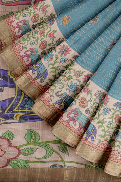 Blue Printed Cotton Butta  Zari Checks Border Saree