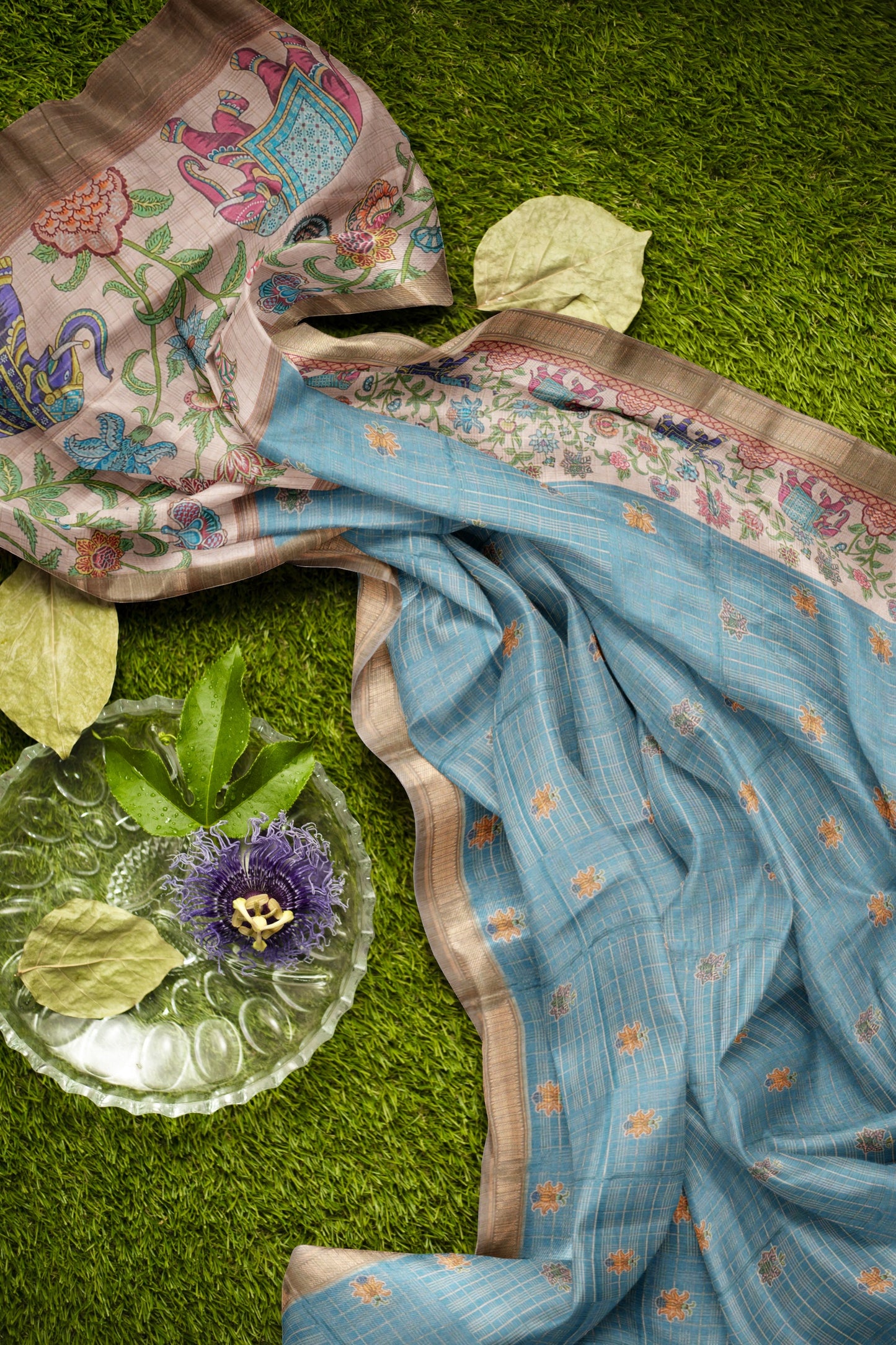 Blue Printed Cotton Butta  Zari Checks Border Saree